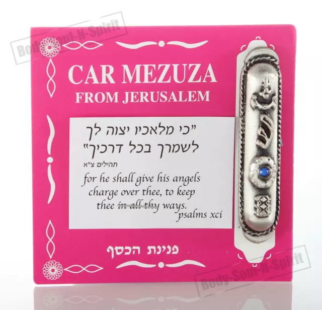 Silver plated car Mezuzah Mezuza Judaica Jewish shaddi blue eye Israel kabbalah