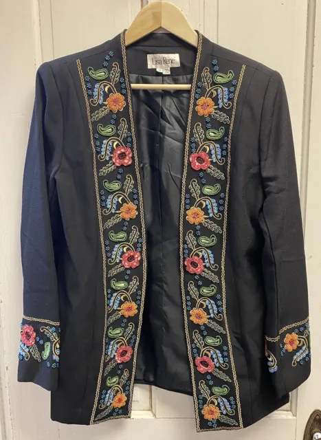 Vintage Lisa Renee Black Beaded Jacket Size 12 Floral Beaded Trim Embroidered