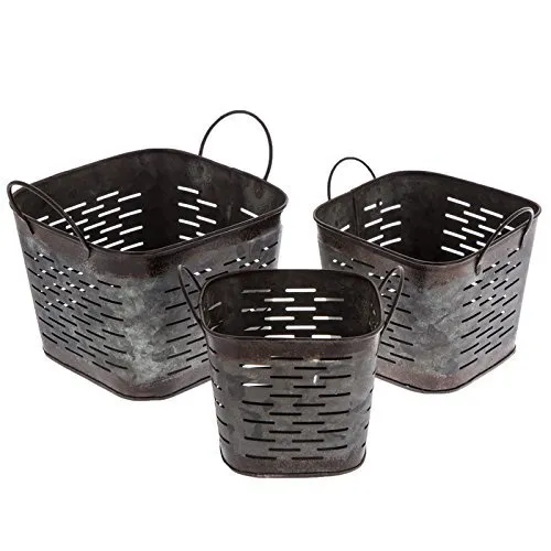 Dark Galvanized Metal Square Olive Buckets Set Of 3