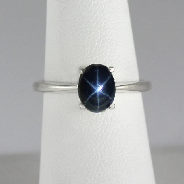 Genuine Blue Star Sapphire Ring Sterling Silver 925 Solitaire / Oval-Cut