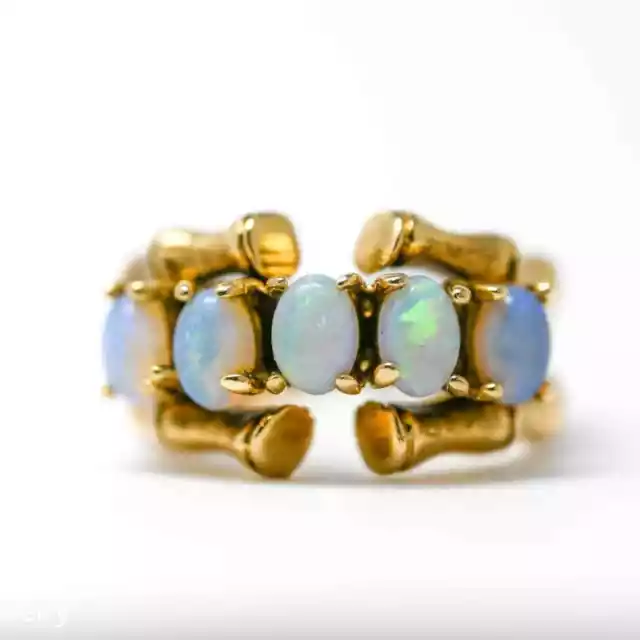 14K Yellow Gold Opal Bamboo Vintage Ring