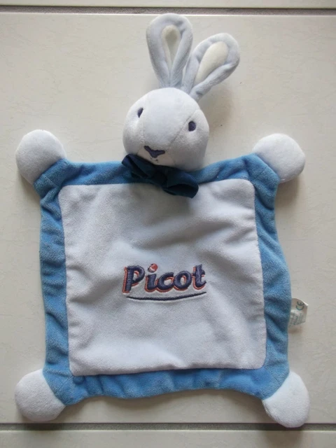 Peluche doudou plat/semi-plat carré LAPIN blanc/bleu PICOT