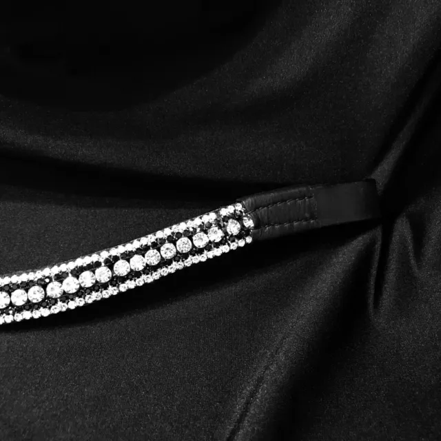 BLING DIAMANTÉ 5 ROW CLEAR CRYSTAL SPARKLY BROWBAND BLACK LEATHER pony cob full 2