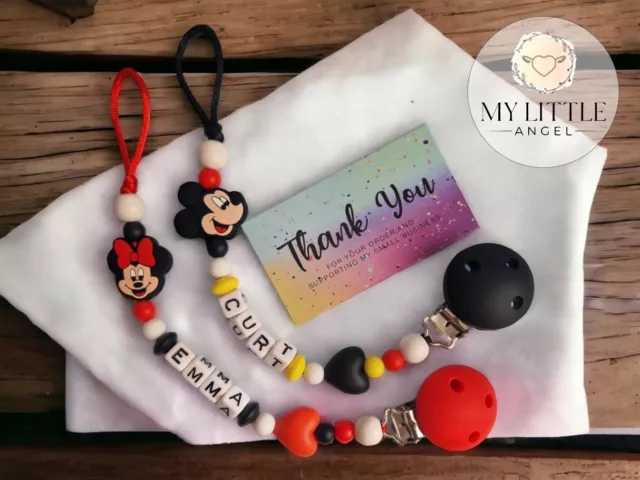 Personalised Silicone Dummy Clip ❤ Minnie/Mickey 🖤 Mouse Girl/Boy Pacifier MAM