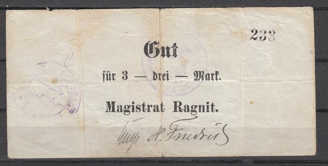 Ragnit - City - 3 Mark - O.D Dießner 304.4a - 2 Hu - Entwertung Kopfstehend
