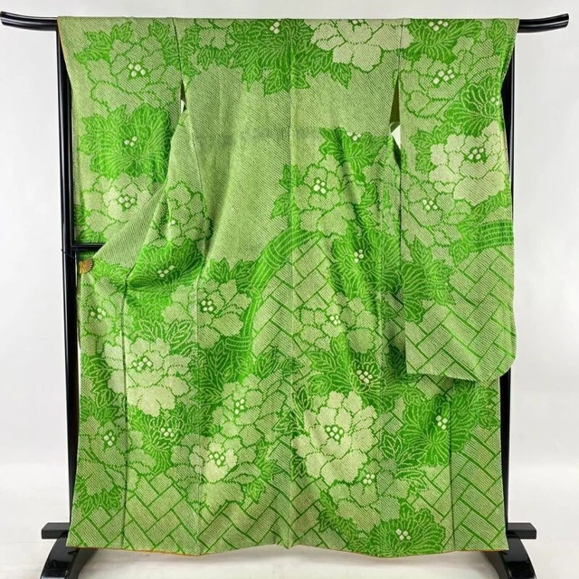 Japanese Kimono Furisode Pure Silk Moutan Full-Dye Dyeing Yellow-Green