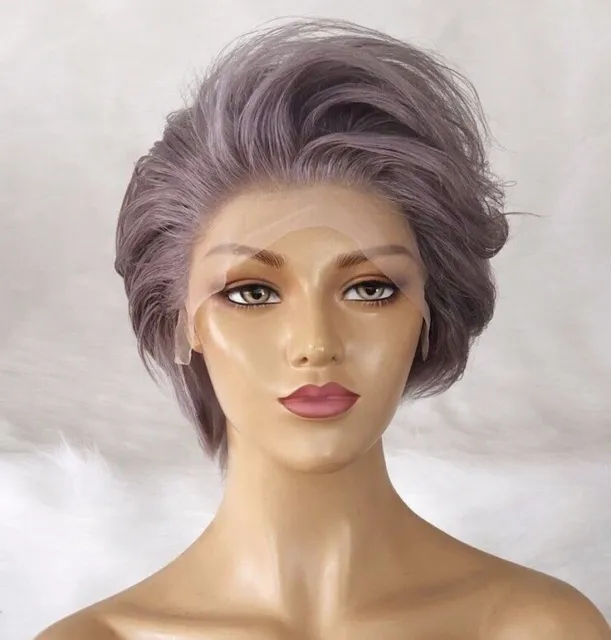Catherine silver grey straight pixie brazilian 100% human hair lace front wig