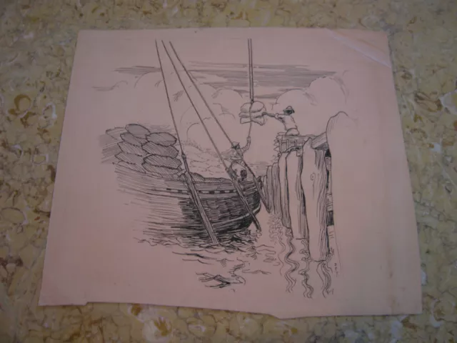 Vintage Antique Early 20th Century Edward Comly Trego Drawing Workers on Boat