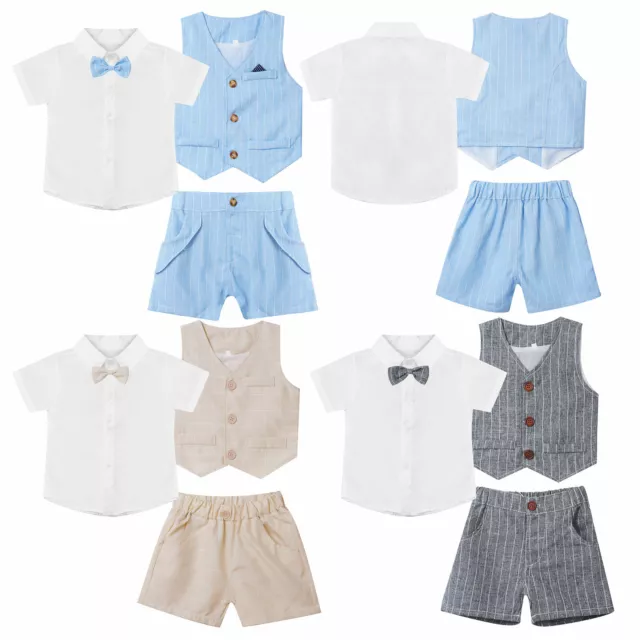 Baby Kids Boys Gentleman Suit Bow Tie Dress Shirt + Shorts + Vest 3-Piece Outfit