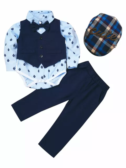 Baby Boys Gentleman Suit Infant Outfits Romper + Vest + Pants + Beret Hat 4pcs