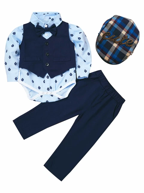 Tuta da gentiluomo bambini bambini abiti neonato + gilet + pantaloni + cappello da berretto 4 pz