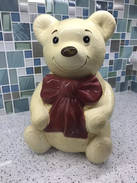 Large Metlox Brown Bear Red Bow, Teddy Bear Ceramic Cookie Jar Vintage