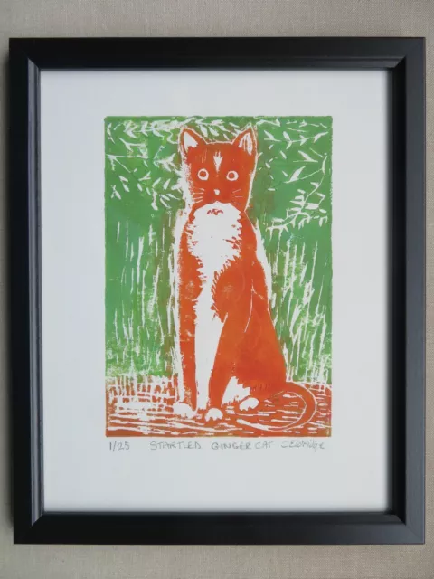 Startled Ginger cat hand pulled linocut print signed limited edition framed