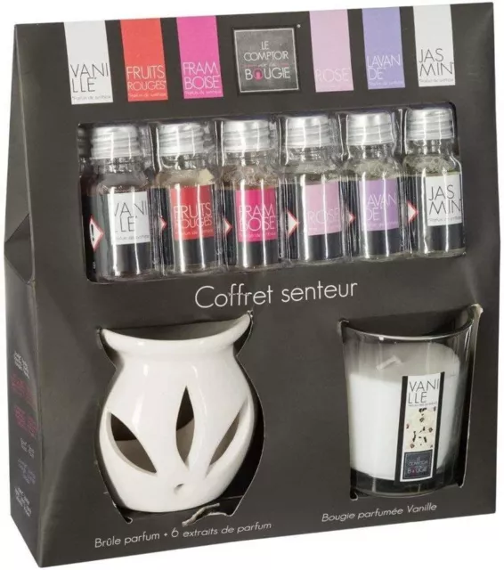 Coffret Senteur 8 pièces  Brûle Parfum 6 Flacons d'huile parfumée Bougie Vanille