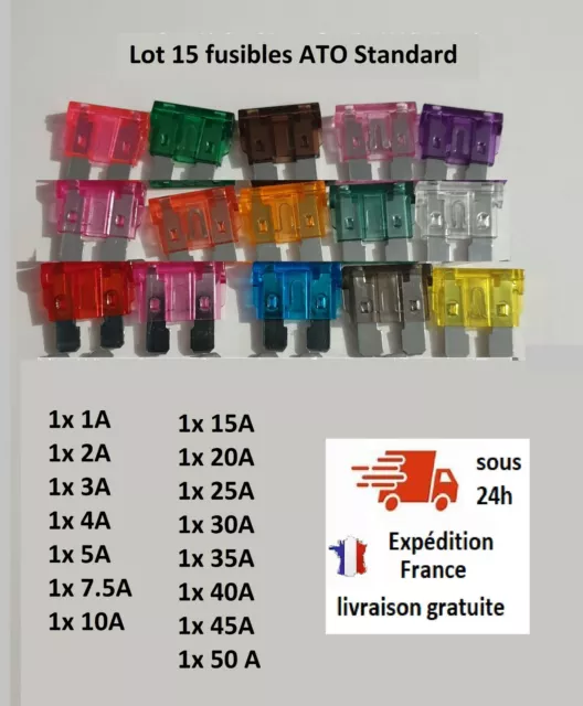 Lot 15 fusible standard ATO voiture camion utilitaire 1A,2,3,4,5....35,40,45,50A