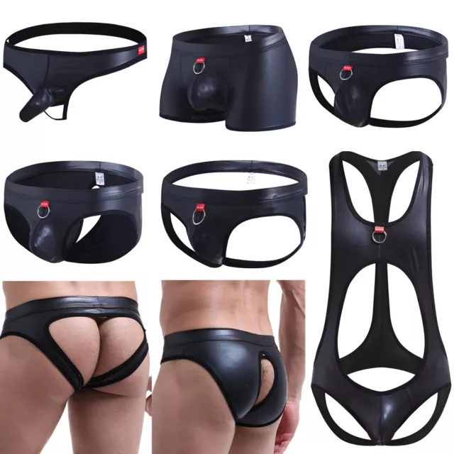 Gay Men Underwear Jockstrap G Strings PU Leather Sexy Underwear Leotard Thongs