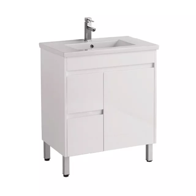 Bathroom Vanity Narrow Pvc White Gloss, Ceramic Top, Legs, Free Waste 10Yr War