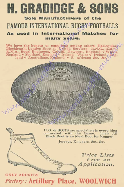 RUGBY PRINT 1912 GRADIDGE ADVERTISEMENT BALLS & BOOTS 18" x 12" (45 cm x 30 cm)