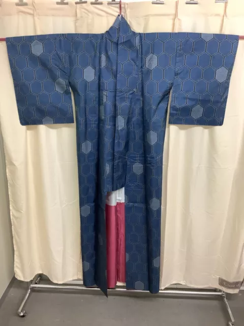 Japanese Vintage Kimono silk Oshima Tsumugi expensive blue length 64.17 inch