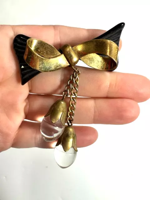 Vintage Brooch Bow Black Teardrop Clear Tassel Dangle Early Plastic Brass