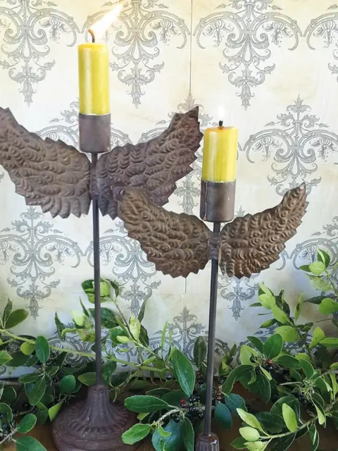 Rust Angel Wing Candlestick, Antique Metal Dinner Taper Candle Holder Christmas