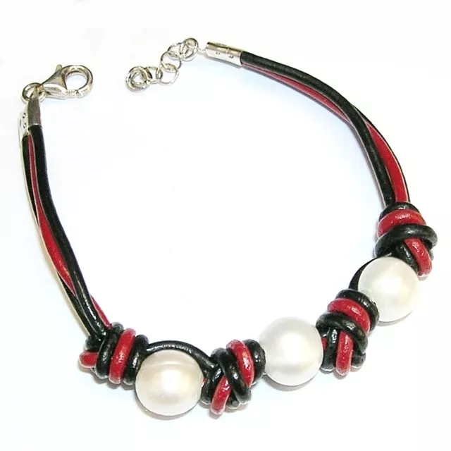 Bracelet Argent De Loi 925, Avec 3 Perles Cultivées Et Cuir Rouge Et Noir Et Sac 2