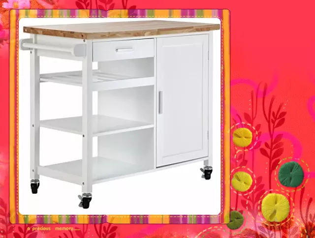 Kitchen Cart Kitchen Trolley White Wooden Cabinet Solid Wood Benchtop SKT814