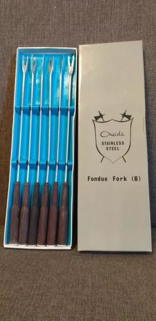 Retro...oneida..fondue Forks...set Of 6..Stainless Steel...wood..boxed..utensils