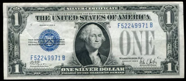 Fr. 1602 1928-B $1 One Dollar “Funnyback” Silver Certificate About Unc