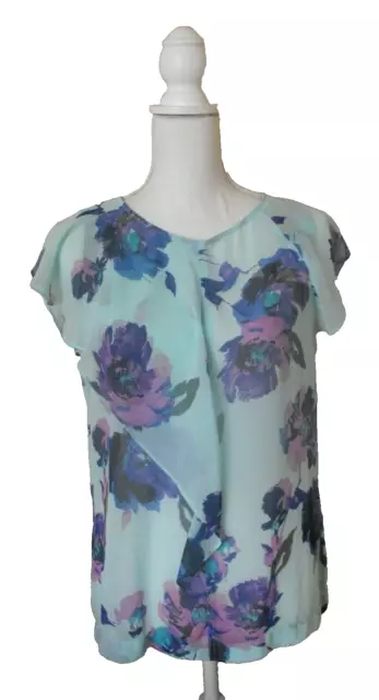 LIZ CLAIBORNE Sheer Blue Multicolor Floral Flutter Short Sleeve Top Blouse Sz M