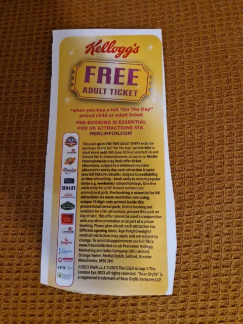 Kelloggs 2 For 1 Adult Ticket Voucher Merlin Attractions Expires 30/6/24
