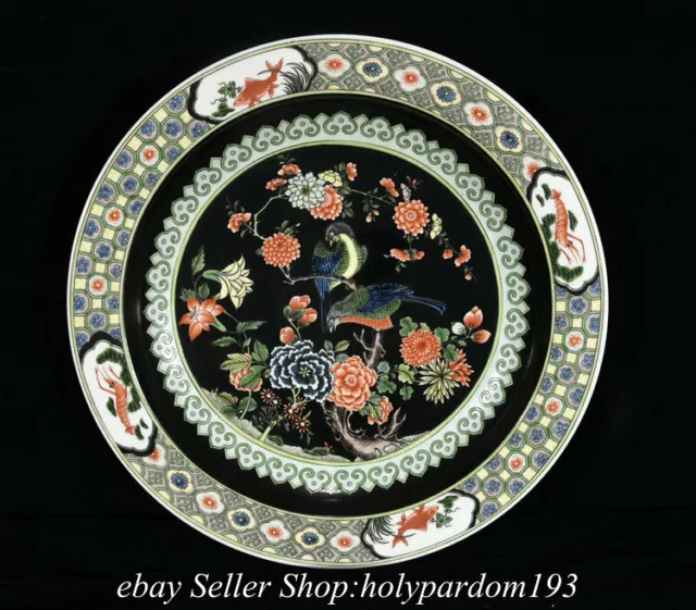 17.2" Marked Chinese Famille rose Porcelain Flower Bird Round Tray Plate