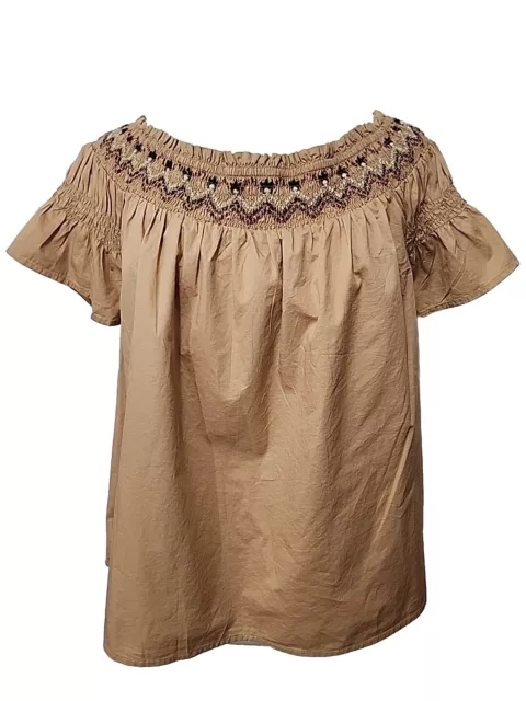 Old Navy Womens Peasant Top Off Shoulder Smocked Xl Brown Short Sleeve Cotton