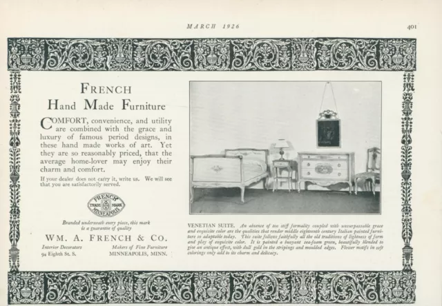 1926 French Hand Made Furniture Venetian Bedroom Suite Vintage Print Ad HB1