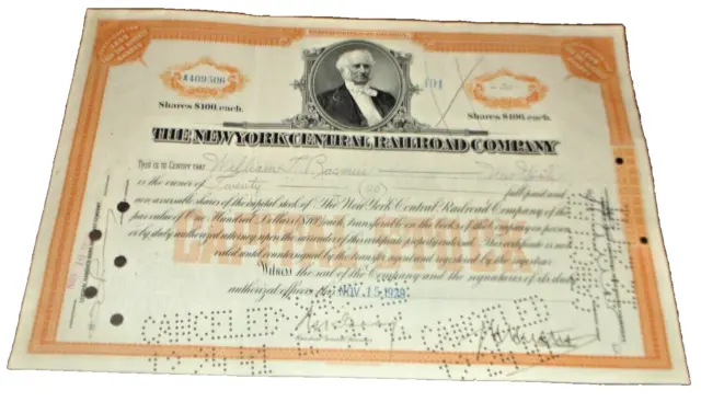 November 1929 New York Central Railroad Nyc Capital Stock Certificate