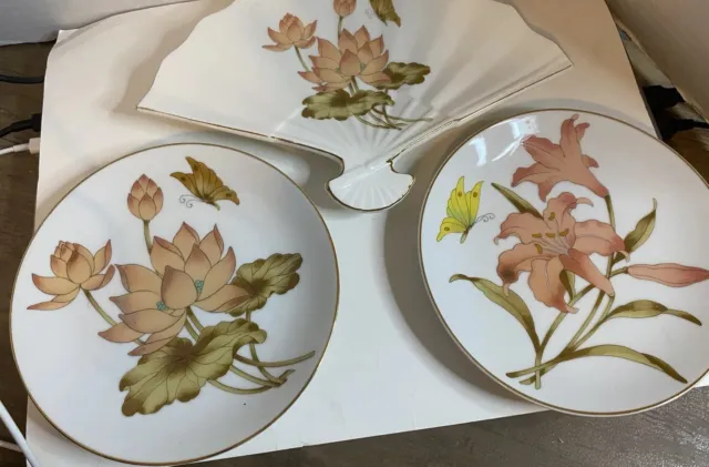 Vintage 1950s Lotus Iris Orchid Butterfly Plates Set Of 3 Japan Fan Plate Hangs