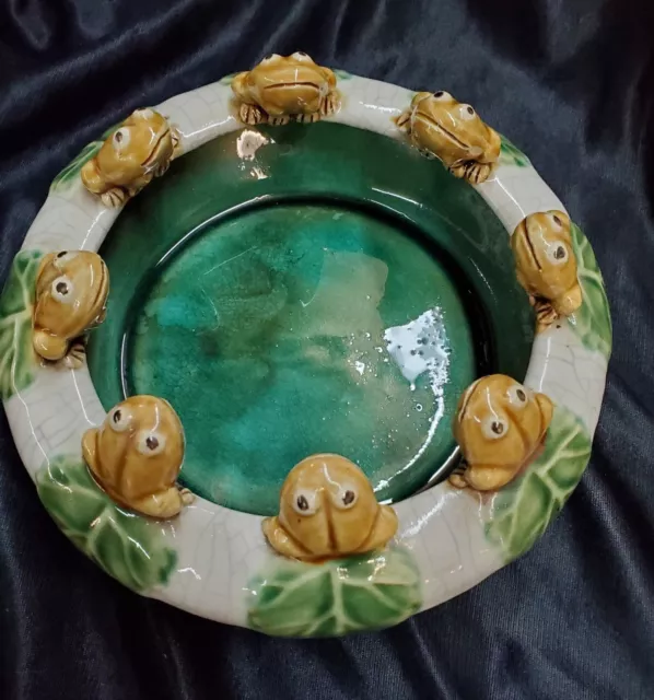 Vintage Glazed Art Pottery Frogs Bowl Planter Majolica Style 8 frogs