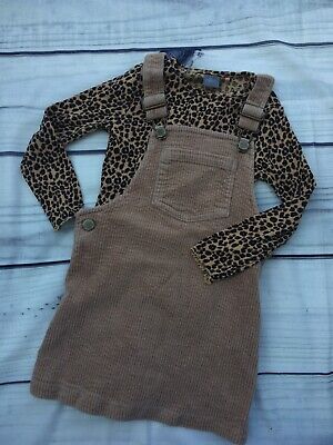 Next Girls Outfit cord Pinafore, Leopard Top 2-3 years