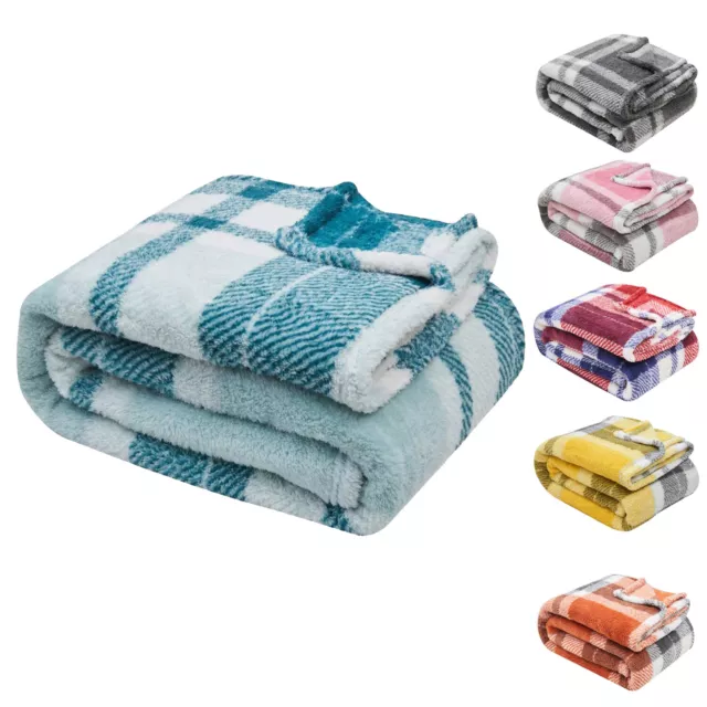 Teddy Check Stripes Windsor Throws Super Soft Warm Blanket Sherpa Fleece Throw