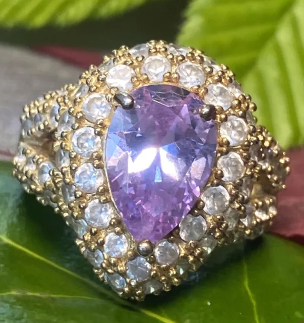 HUGE Sterling Silver Vermeil Pear Man-Made Pink Sapphire CZ Halo Dome Ring 8.25