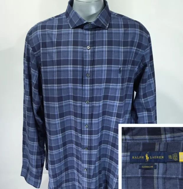 POLO RALPH LAUREN Classic Fit XXL Long Sleeve Blue Plaid Mens Shirt Soft Twill