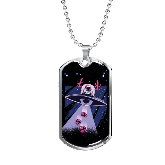 Santa Alien Necklace UFO Alien Fan Gift Stainless Steel or 18k Gold Dog Tag 24"