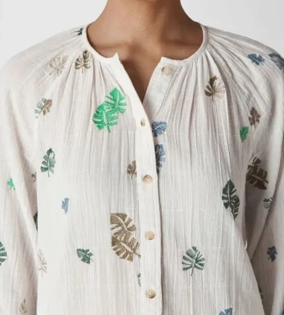 WHISTLES  Cheeseplant Leaf Embroidered Shirt Medium 100% Cotton