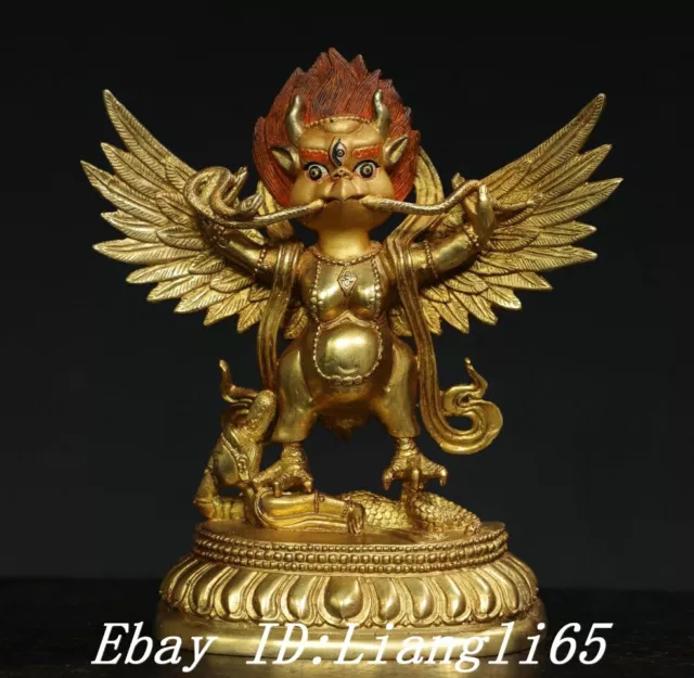 7'' Tibetische Bronze Gilt Redpoll Winged Garuda Vogel Adler Buddha Statue