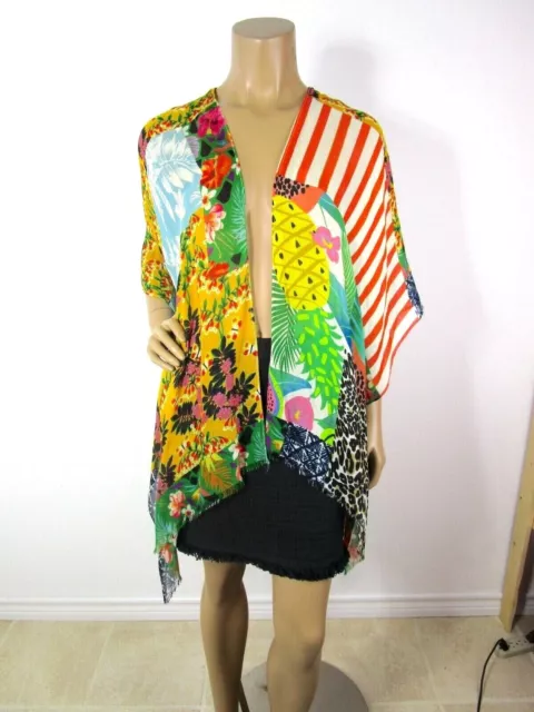 Echo Mixed Print Ruana Open Front Pancho OS Animal Print Floral Tropical Coverup