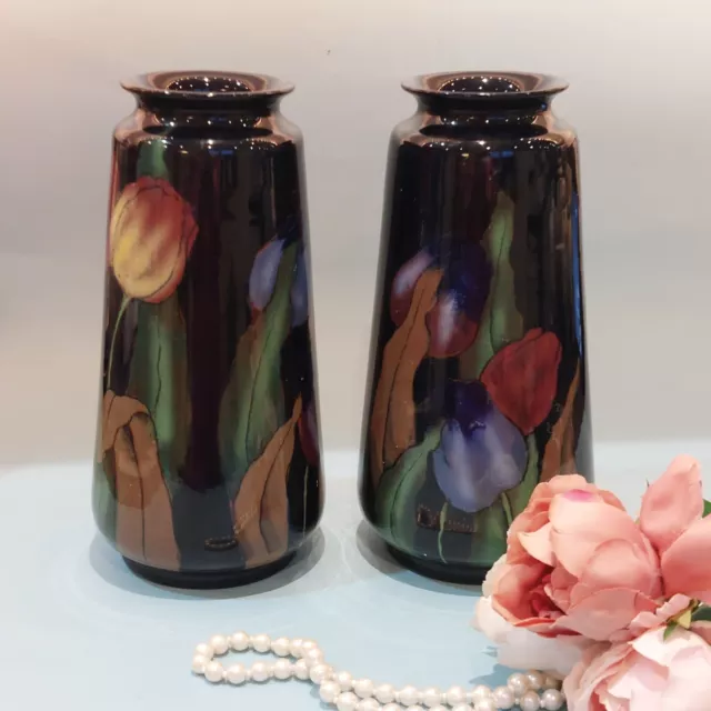 Pair Royal Stanley Ware Art Deco Jacobean Vases 1920s  Tulips Design