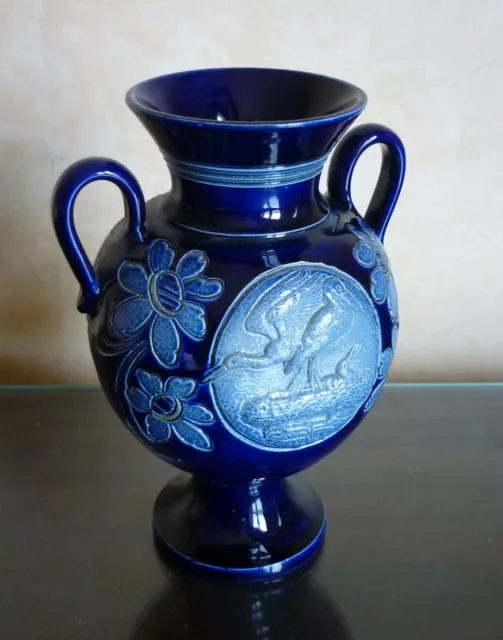 Vase à anses en GRÈS D'ALSACE bleu vernissé décor CIGOGNES signature