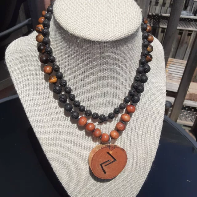 Jera Rune/ Tiger's Eye/ Lava Stone/ Brown Wood- Knotted Necklace