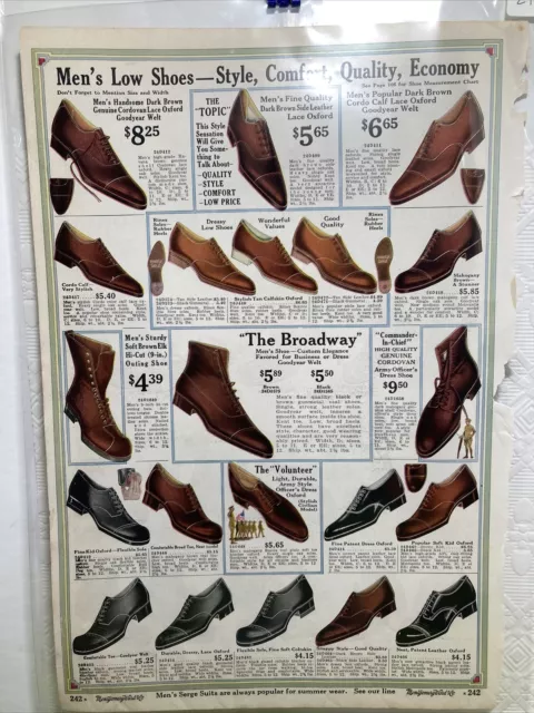 1918 Antique Montgomery Ward Catalog Color Page Mens Work Shoes Low Shoes