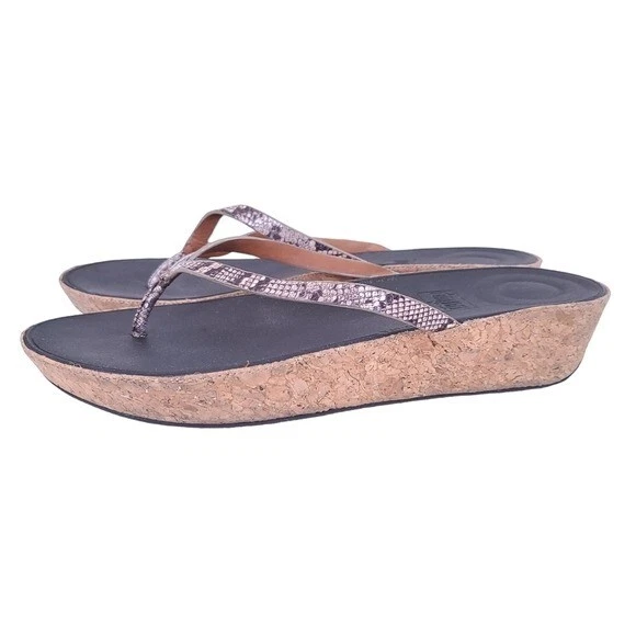 FitFlop Womens Linny Snake Print Thong Wedge Comfort Sandals Size 11 Summer